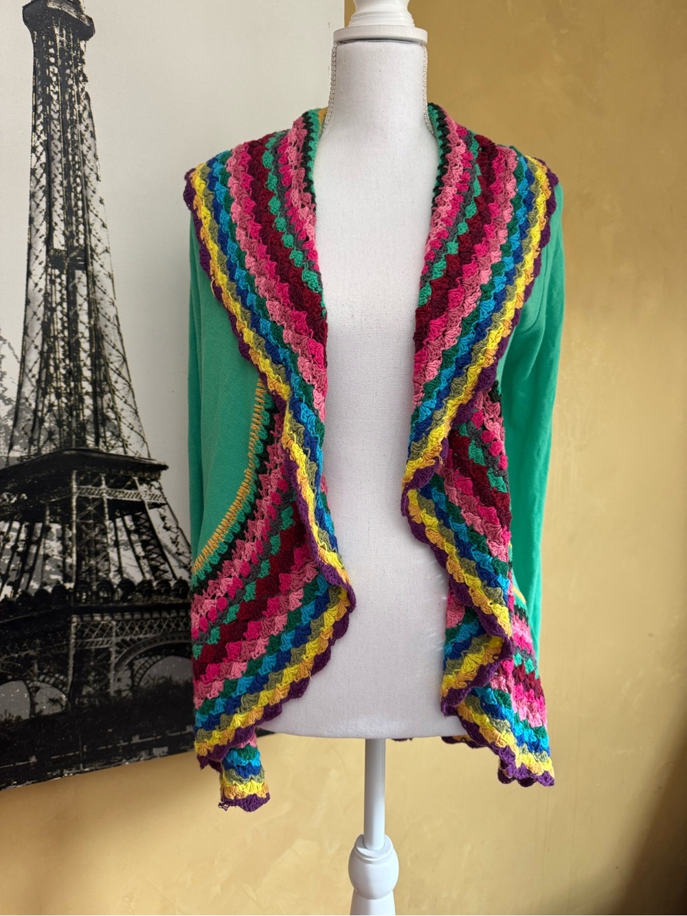 Double Zero Green Open Cardigan with Multicolor Crochet Trim